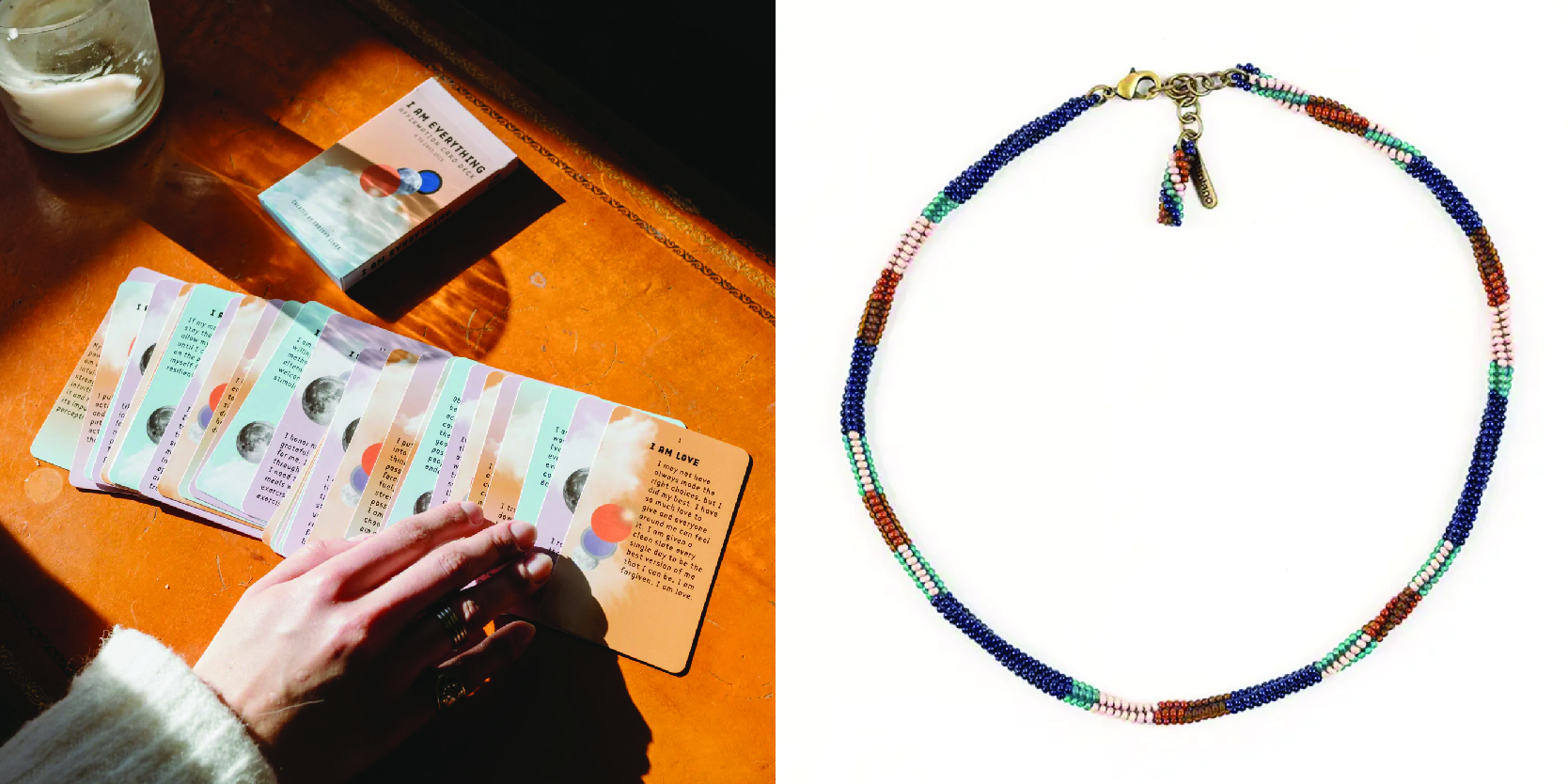 Two photos: one of a deck of cards laid out on a table and one of a beaded necklace.