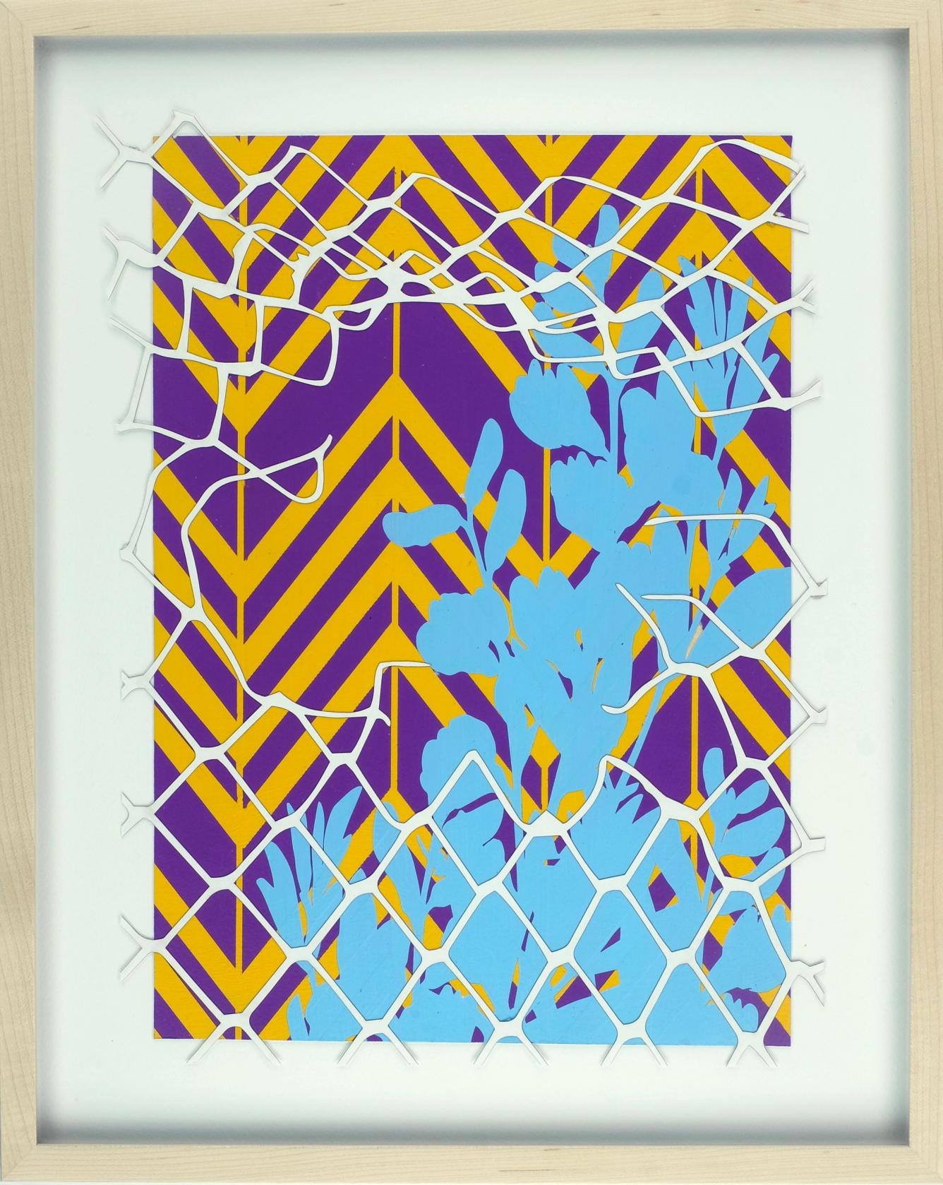 Fronterra No. 2. A psychedelic artwork depicting skyblue flowers against a yellow and purple zig zag background. A depiction of a white chainlink fence is torn open, almost as if we are looking through the fence.