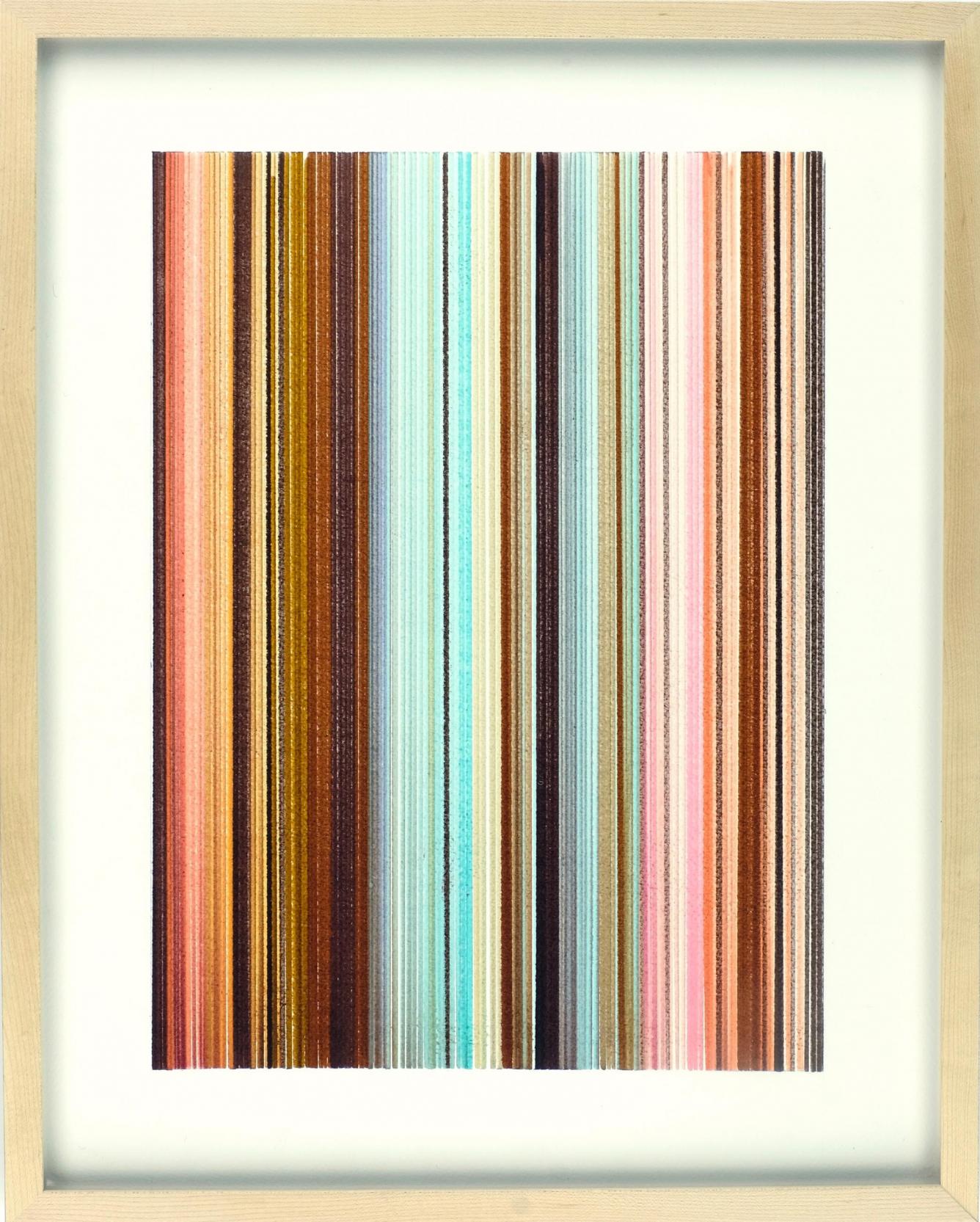 An abstract painting depicting many vertical lines in earth tones. It is almost representative of the layers of the Earth’s crust.