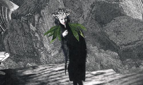 Black and white photo collage. A woman wearing a wasp’s nest as a hat and green leaves on her shoulder stands against a rocky background. She looks over her shoulder and tightens her jacket around herself. 
