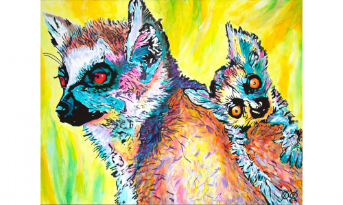 Vibrant painting of the profile of two wide-eyed lemurs, one looks like a baby lemur and is laying on the other lemur’s back, looking directly at the viewer. Their technicolor coats are warm shades of pink, orange and yellow with patches of sky blue and gray. They are in front of a backdrop of bright yellow and streaks of lime green, suggesting a lush, subtropical environment.