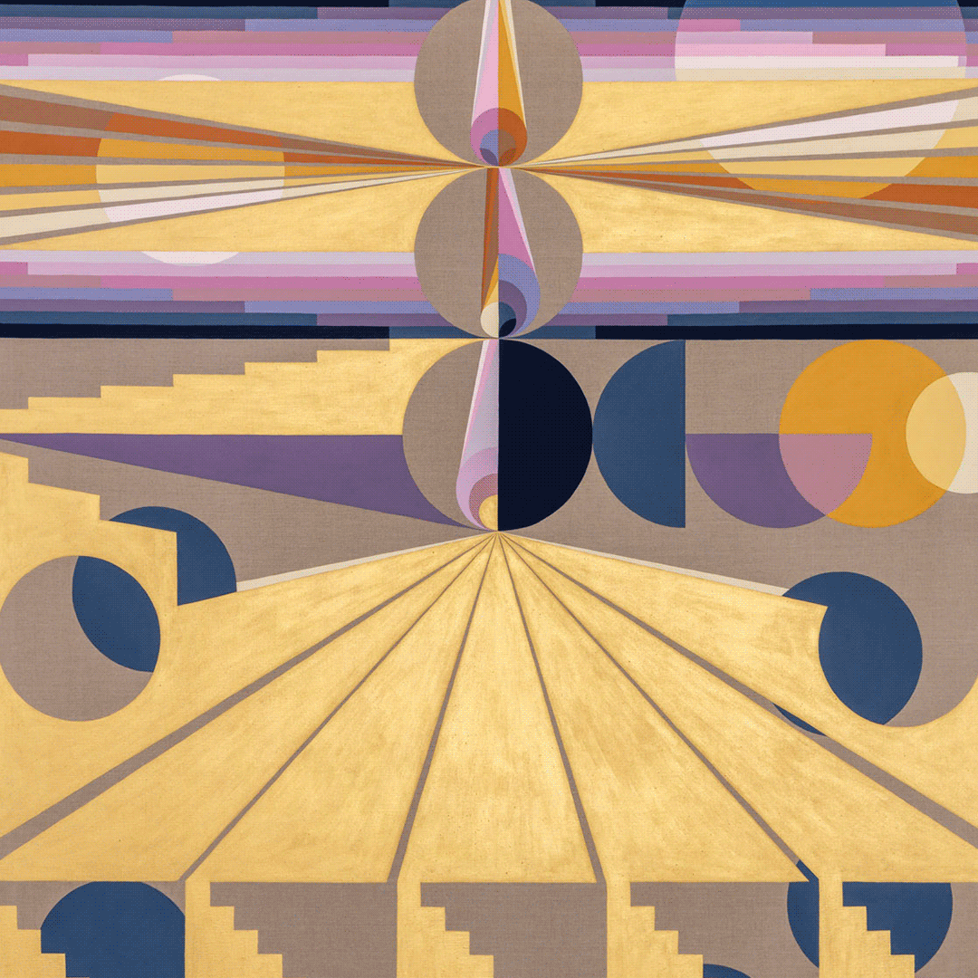 Rotating gif of two images of abstract art. The first image consists of circles and other geometric shapes that almost look like a horizon. There are three circles stacked on top of one another in the middle of the work. The colors in the image are shades of purple, blue, yellow, orange, brown, and black. The second image is a painting with a large red, blue, and beige wheel-like shape in the center that is encased by what looks like a large hill-like shape. There are horizontal stripes in the background.