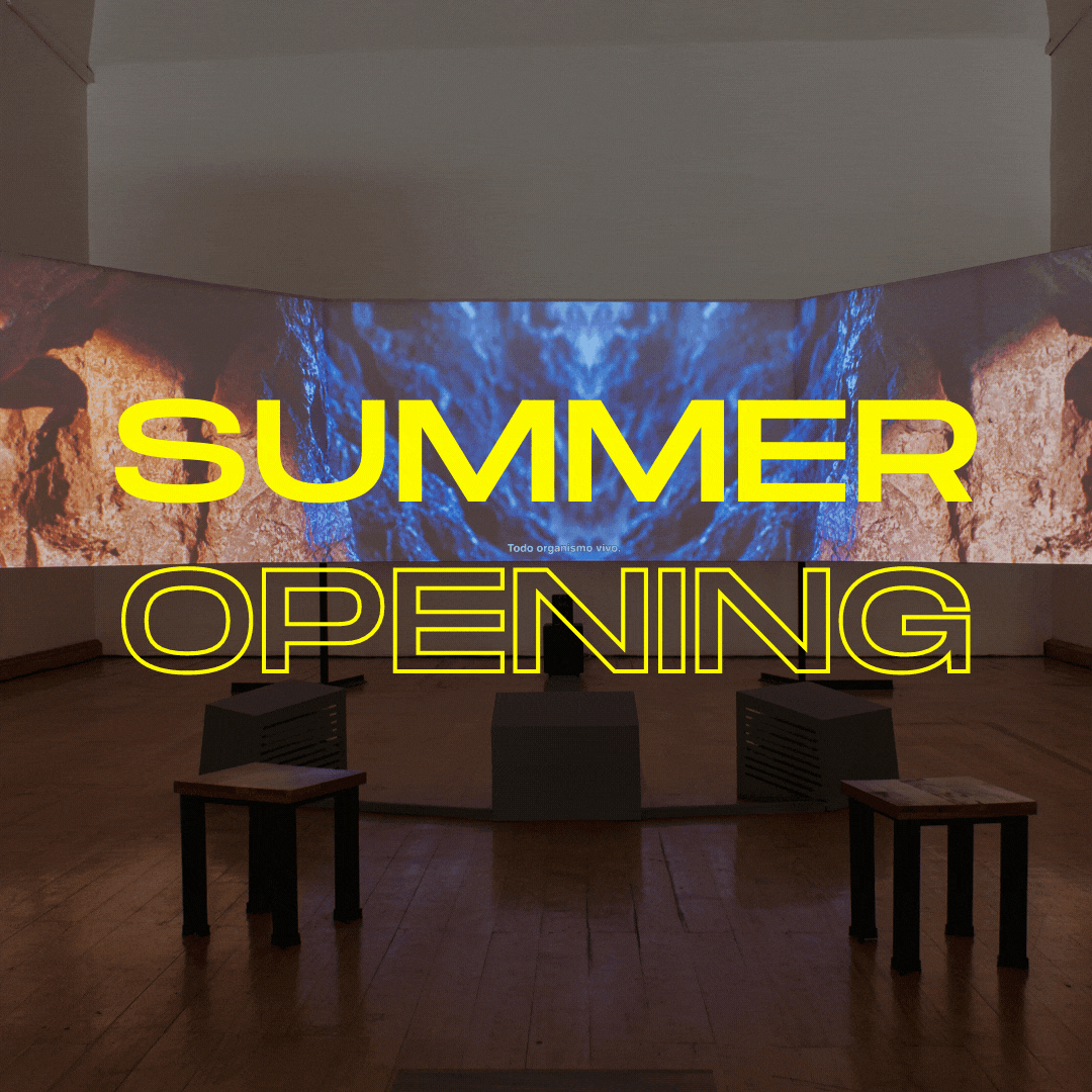 Rotating gif of four images, with yellow text that reads, “summer opening” overlaid on top. The first image shows a large screen in a dark room, featuring geographical images. The second image features a large sculpture composed of various materials: Gong, steel, wood, cotton, glue mixture, plastic, loofah, and objects collected from a ritual of retracing the artist's original migration route. The third image looks like a rendering of an image captured in space. The fourth image features a crowded rooftop. 