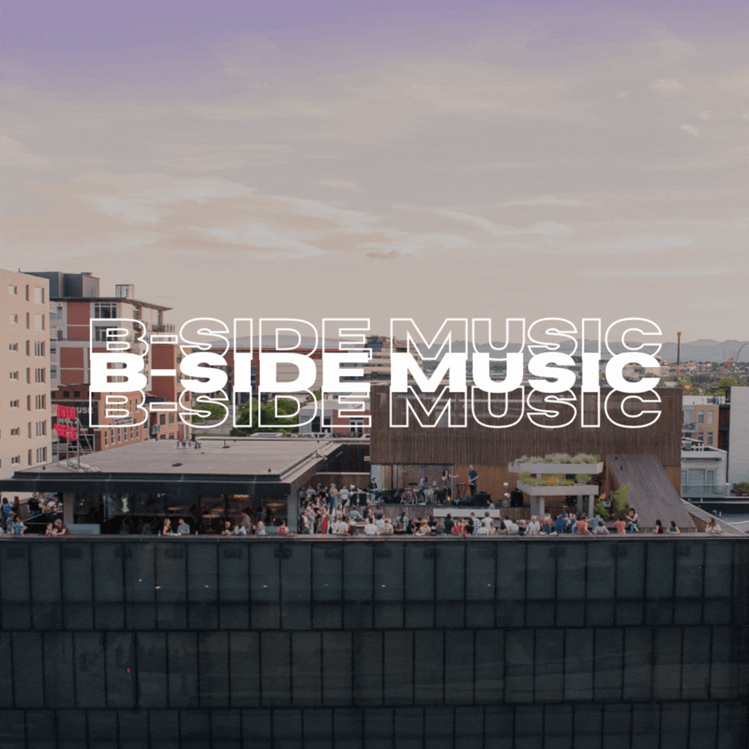Rotating gift of seven images. Multiple images feature a rooftop concert at MCA Denver. Behind the concert are tall apartment buildings. Others feature bands on a stage surrounded by cords and crates. Overlaid on all images is text on the image that reads, “B-Side Music” three times. 