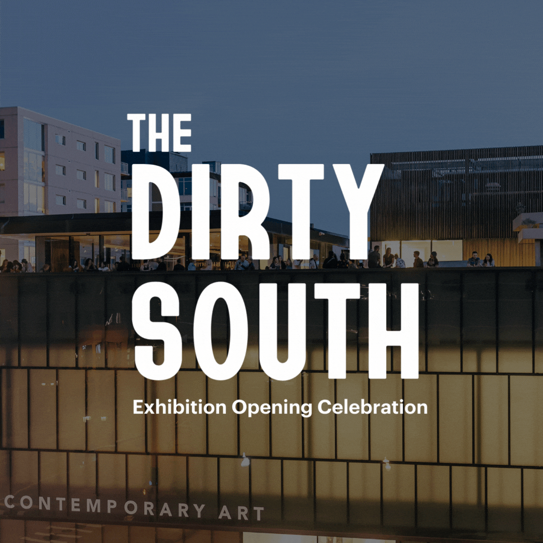 Rotating gif of five images. The first features a crowded MCA Denver rooftop at night with text overlaid that reads, “The Dirty South” and “Exhibition Opening Celebration.” The second image features a figure draped in a black cloth-like material, standing in brown dirt. The third image is a colorful artwork that features a DJ hovering over various scenes: some featuring cars, some featuring people mourning over coffins, and more. The fourth image features a chapel covered in red material.