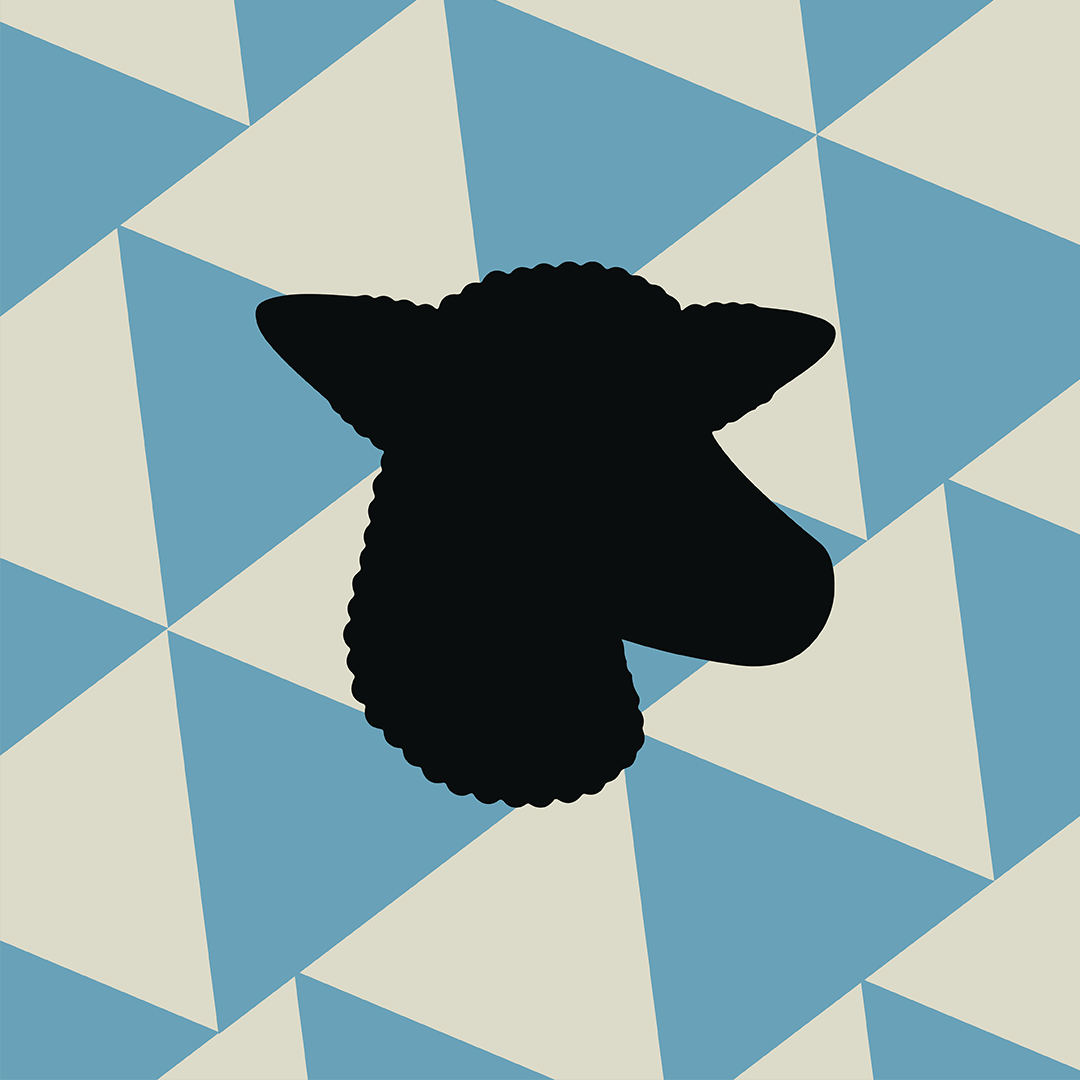Blue and beige moving triangles with a black sheep head overlay.
