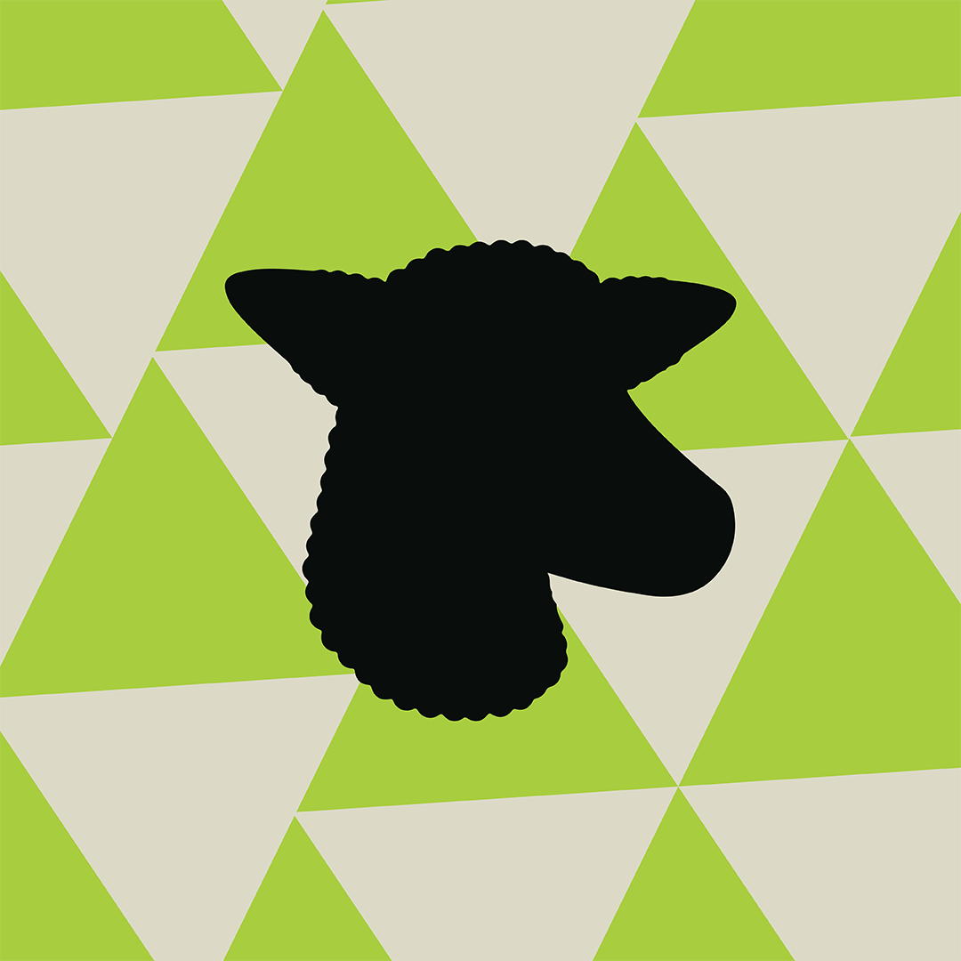 Lime green and beige moving triangles with a black sheep head overlay.