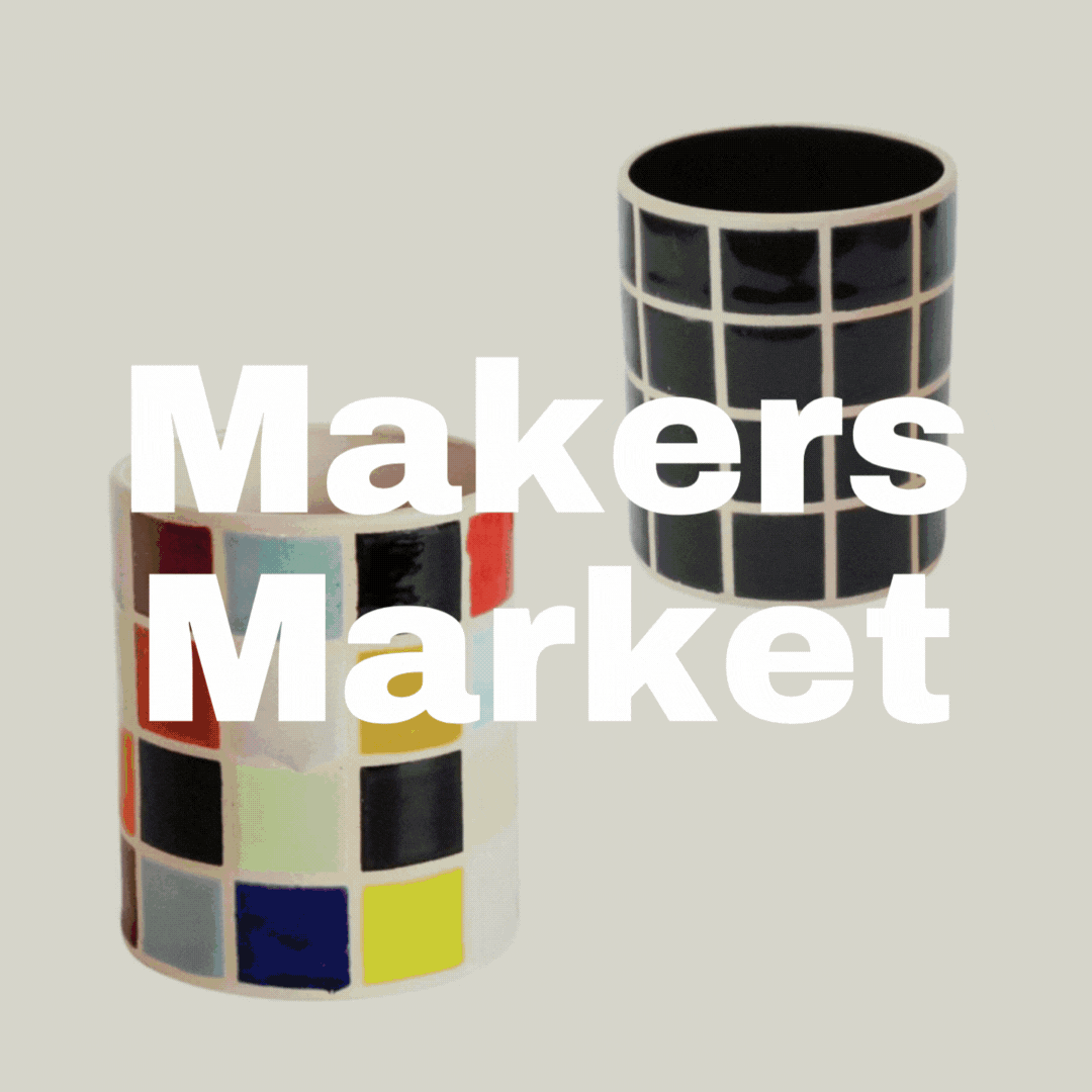 Rotating gif of images featuring product, ranging from ceramics to puzzles to ribbons. Text overlay reads, "Makers Market"