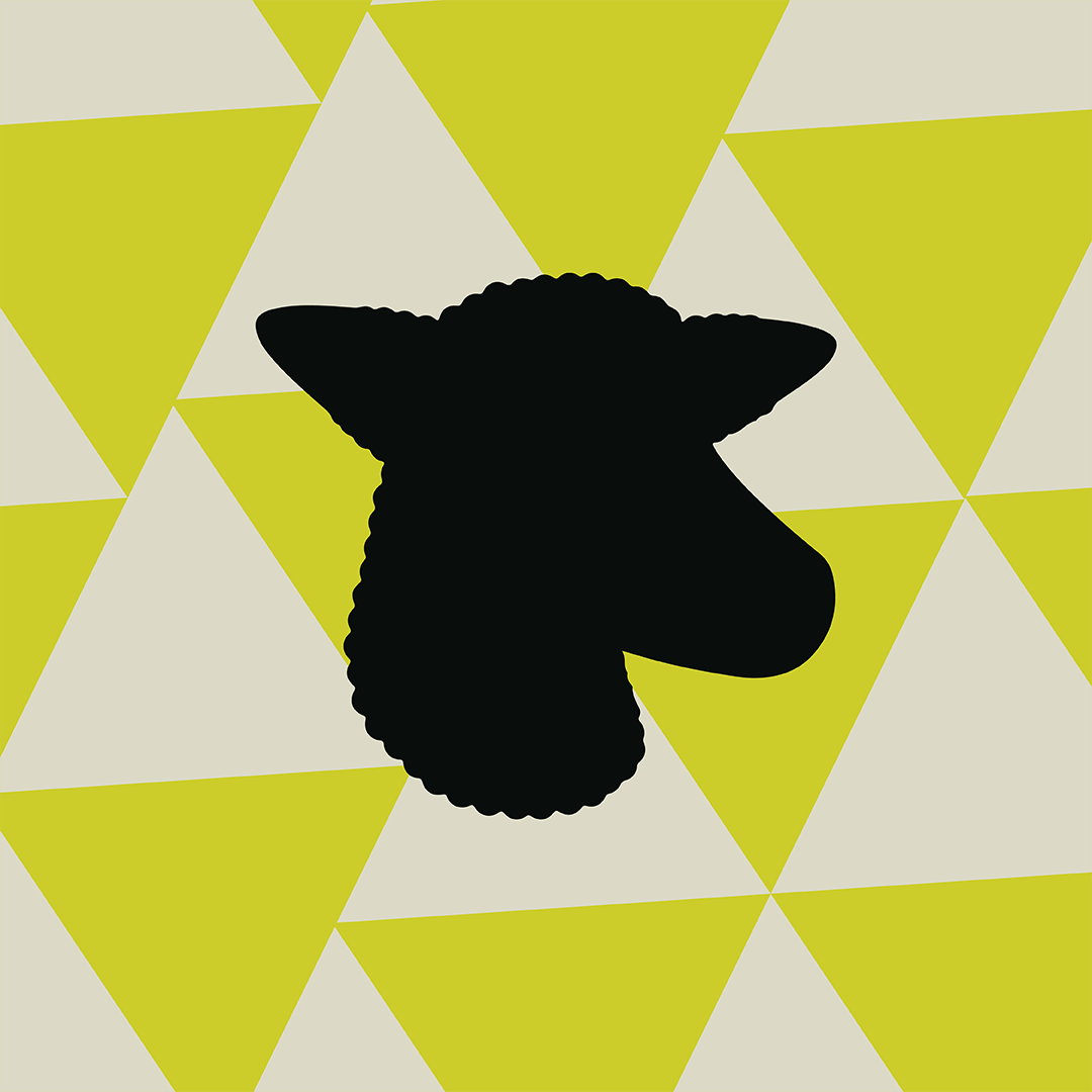 Yellow and beige moving triangles with a black sheep head overlay.