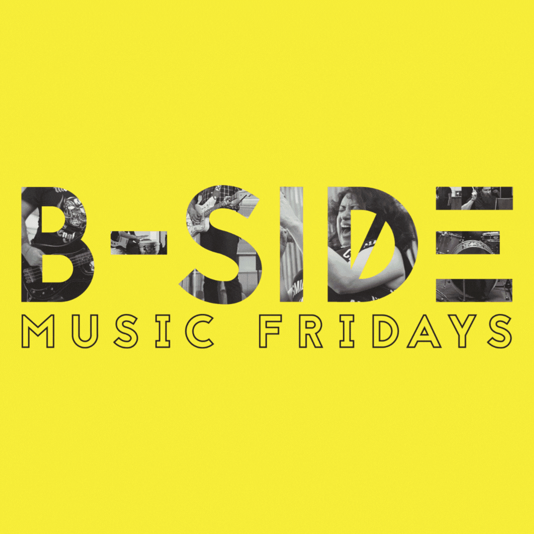 Rotating images. The first is a yellow background with text on it that reads, "B-Side". The second is a musician on a rooftop stage.