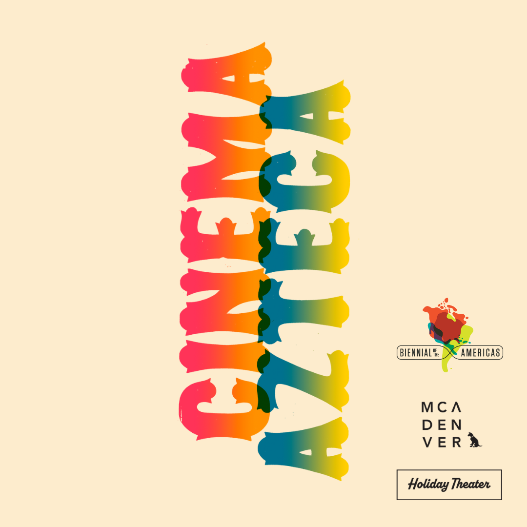 Yellowish beige background with tri-color text that reads, "Cinema Azteca"