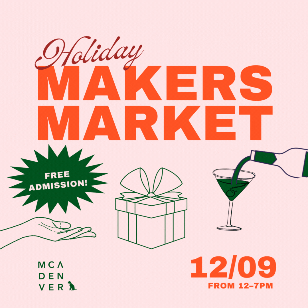 Bright red and pink graphic that reads, "Holiday Makers Market". There are icons on the graphic, like a present and a martini glass.