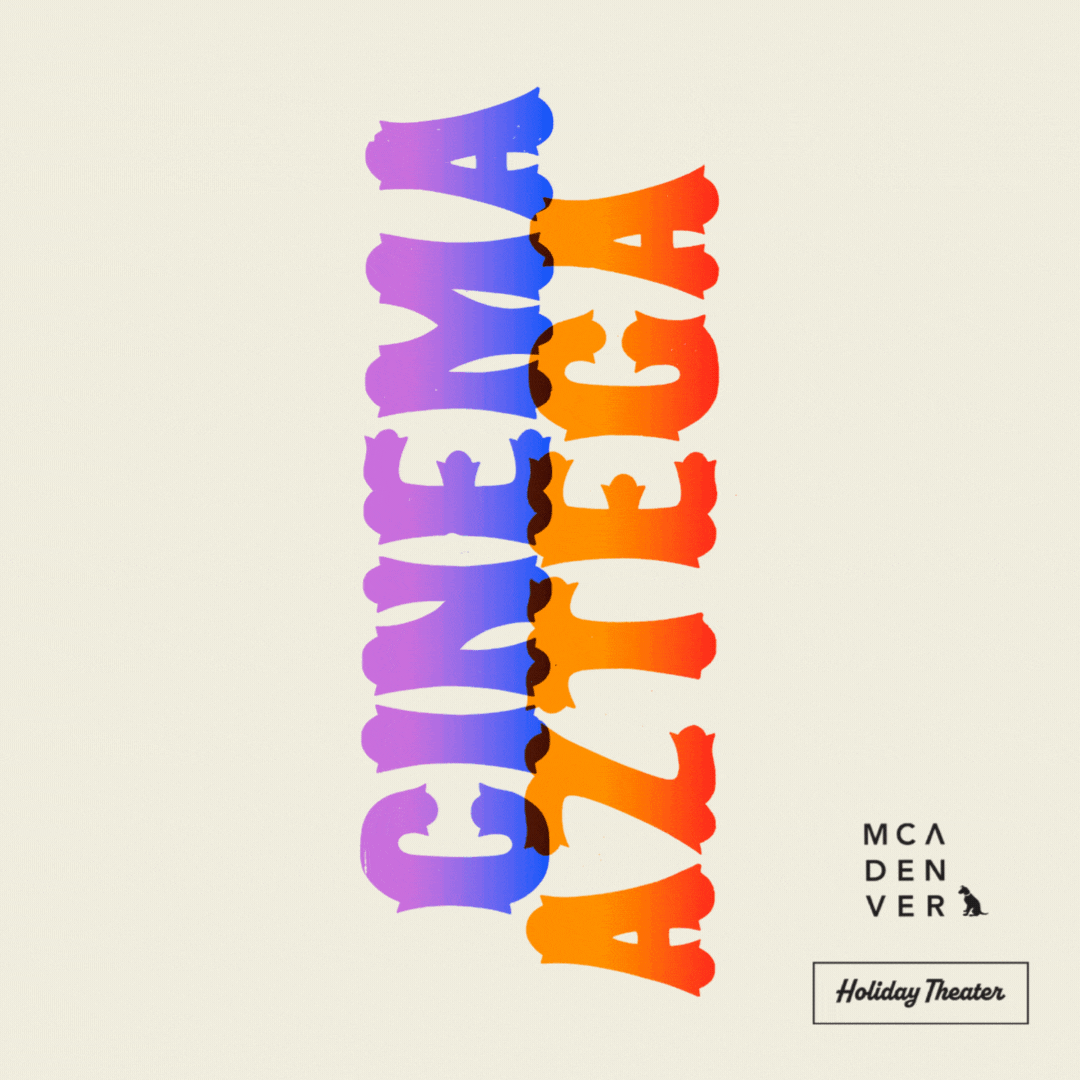 Rotating gif featuring bright purple and orange text that reads, "Cinema Azteca". The gif promotes a Spanish language film series