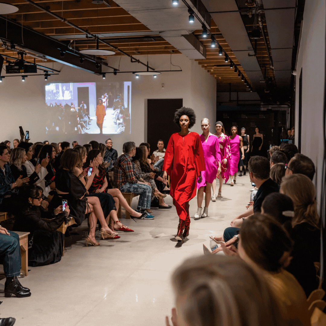 Five rotating images captured at a runway show fundraising event.