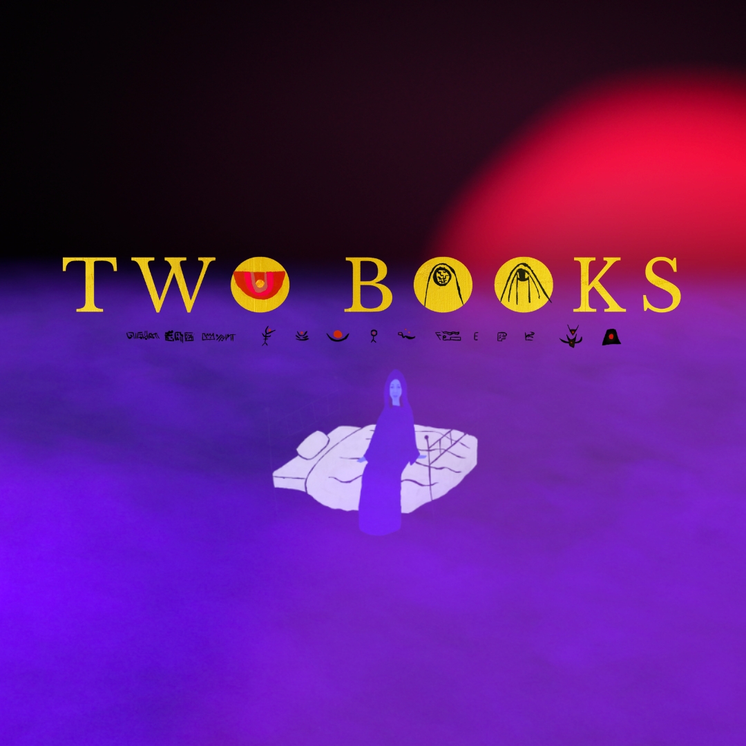 Purple, pink, and black graphic depicting a figure that is floating on a cloud and the horizon is behind them. Yellow text overlay reads, "Two Books".