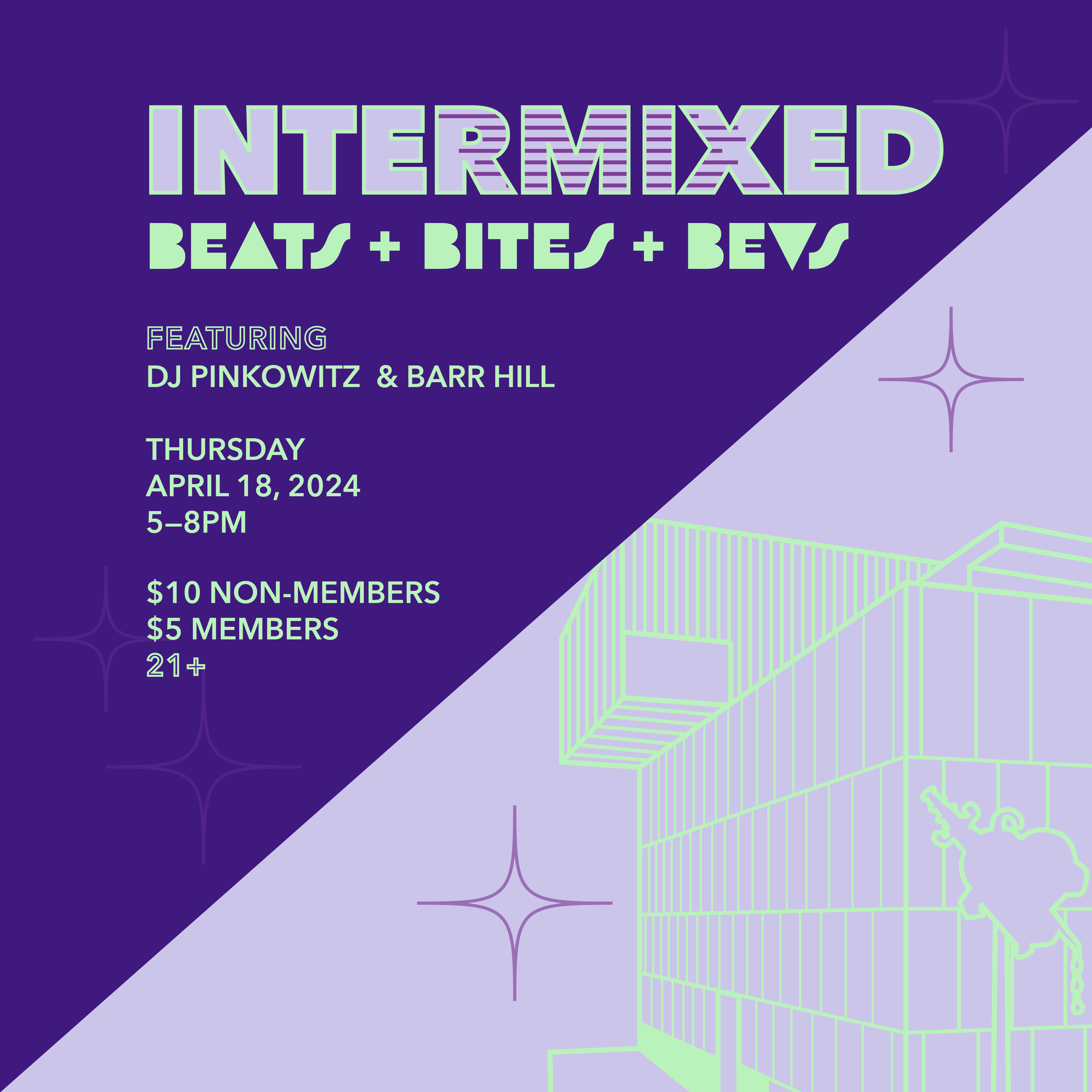 Purple graphic that reads “Intermixed: Beats + Bites + Bevs”. There’s an illustration of a building on the graphic.