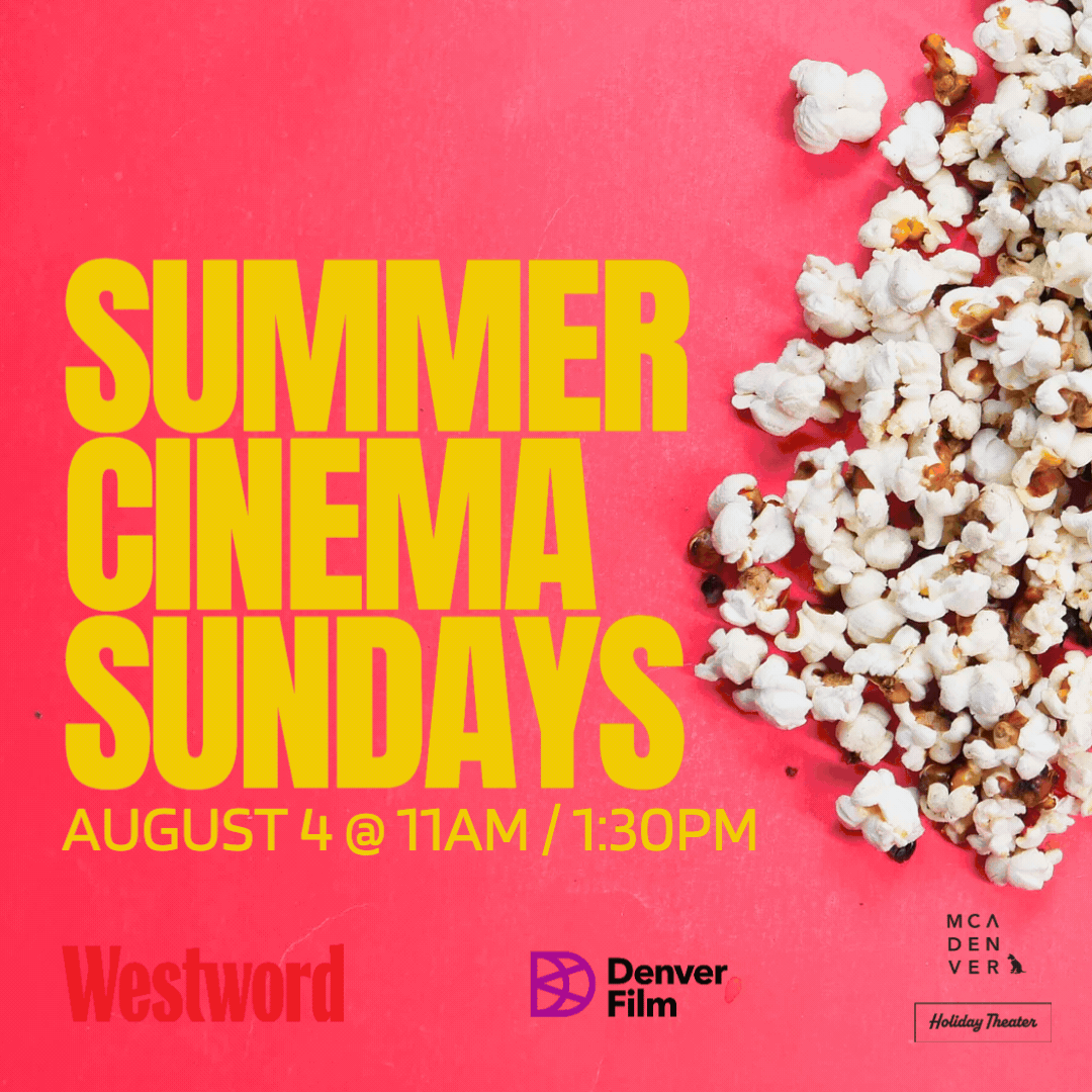 Popcorn on a red background. Yellow text overlay reads “Summer Cinema Sundays”