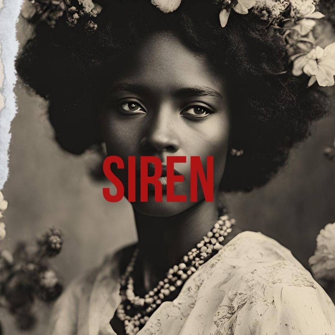 Black and white photo of a woman with red text over her face that reads, "Siren"