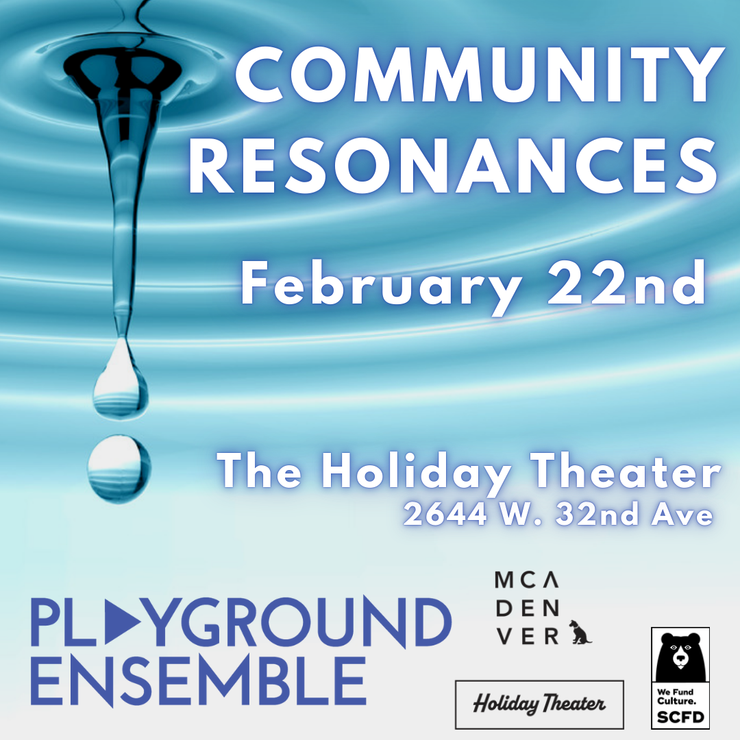 Image of water dripping with text overlay that says "Community Resonances"