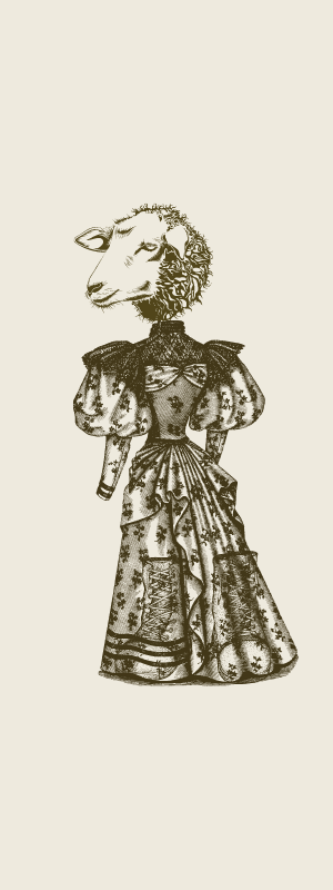 Image of sketch of a sheep dressed in woman's clothing
