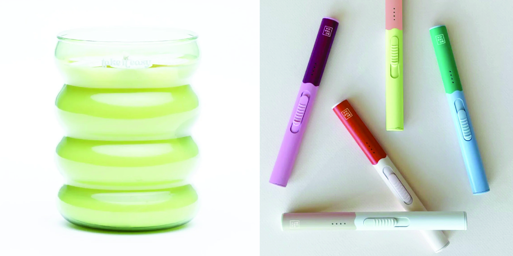 Two photos: one of a candle in a funky shape and one of a set of skinny lighters.