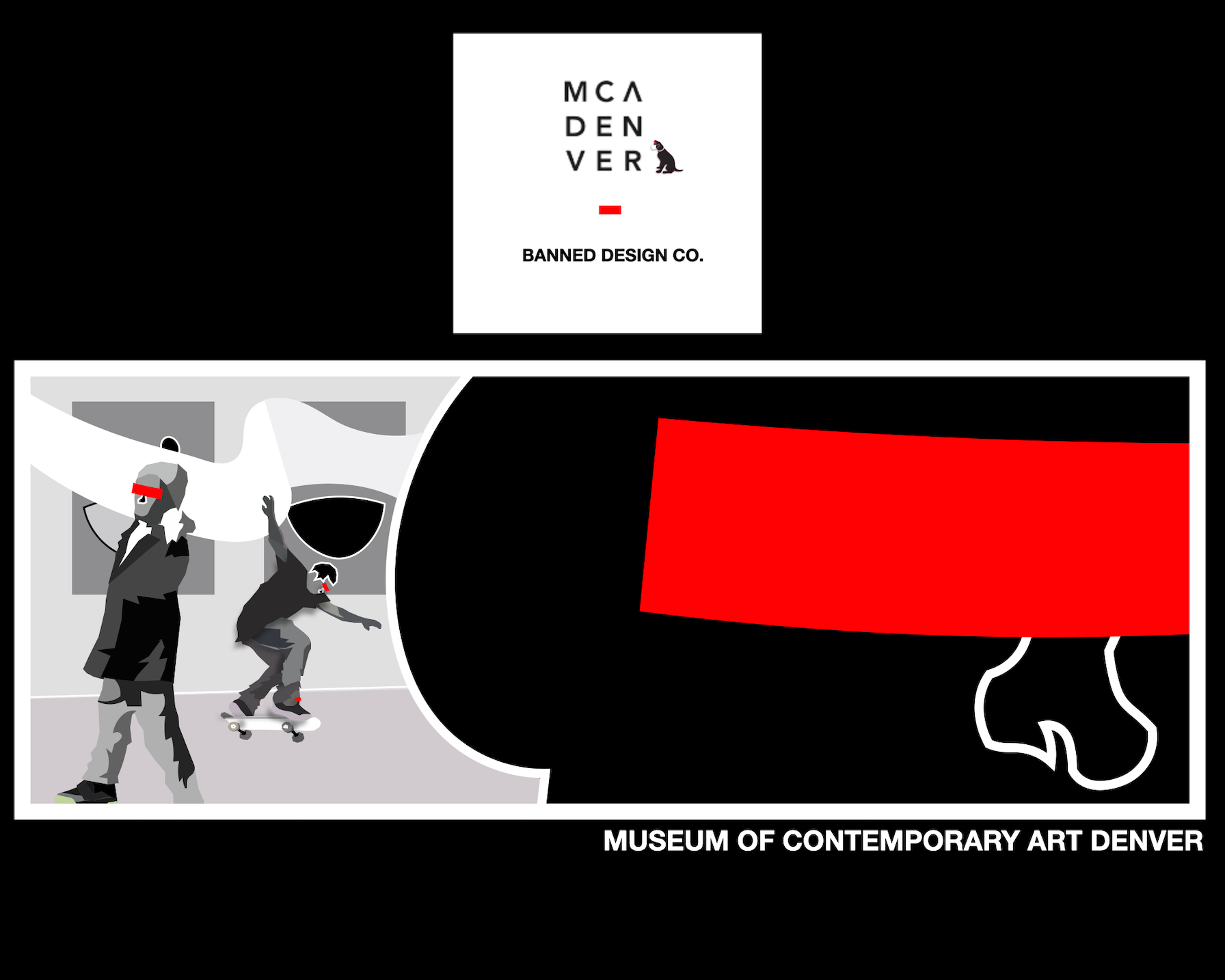 A design with a black background and peculiar, abstract shapes laid on top. On one side of the design is two humanlike figures in what looks like a gallery space. One is skateboarding and the other is merely walking; both of them have red rectangles over their eyes that match the red rectangle on the other side of the design. 