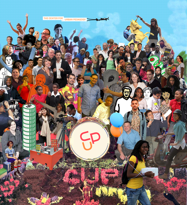 A colorful, vibrant image of many folks collaged onto a blue sky background, doing various things such as talking in a microphone, riding a unicorn, and throwing up peace signs. They are all surrounding a drum that has the word CUP on it, and the drum is sitting on a mound of dirt and flowers
