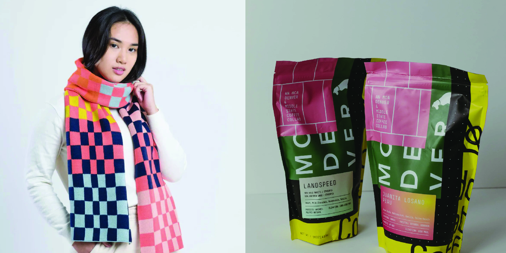 Two photos: one of a model wearing a scarf and one of coffee in a colorful bag.