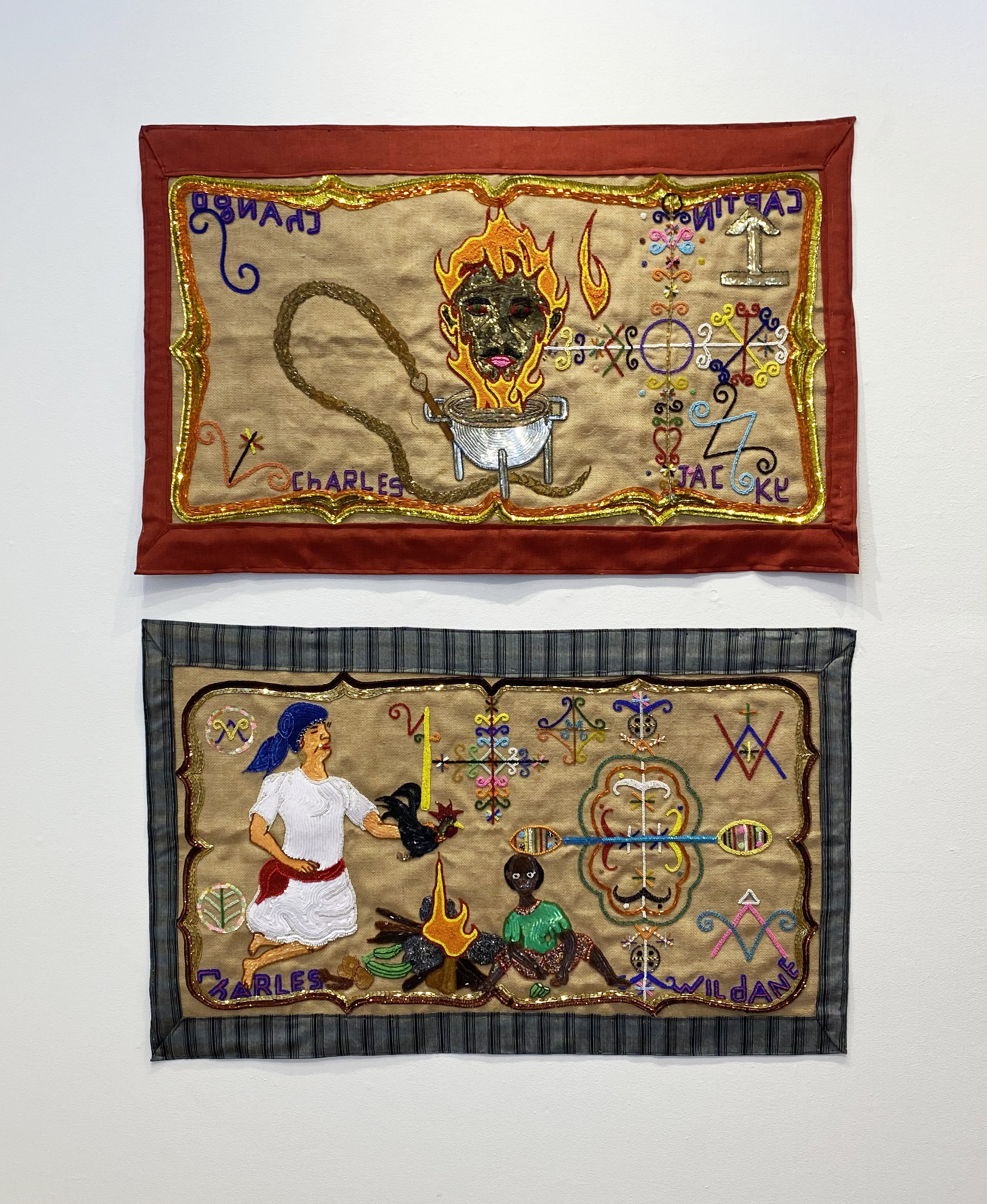 Jacky Charles and Wildaine Charles textile vodou flags
