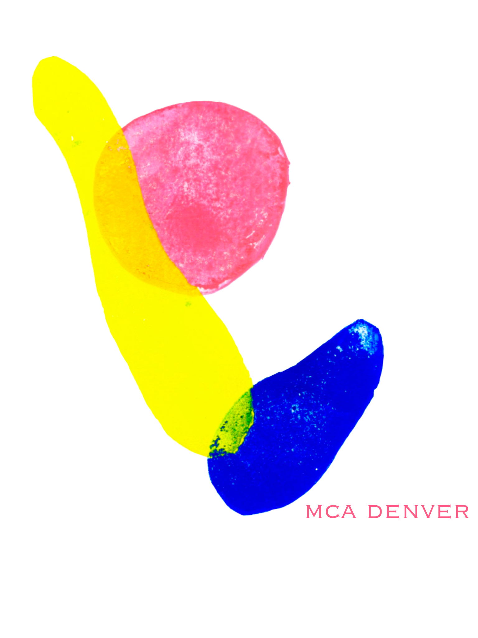 Three simple, abstract shapes in the colors blue, yellow and pink, which overlap one another. The text “MCA Denver” is at the bottom right hand corner of the design. 