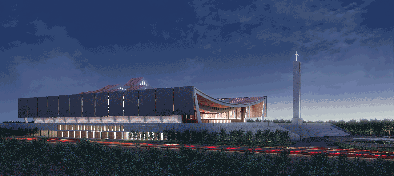 Rendering of the National Cathedral of Ghana at dusk. The rooftop slopes downwards. A pillar at the forefront holds a cross at the top.