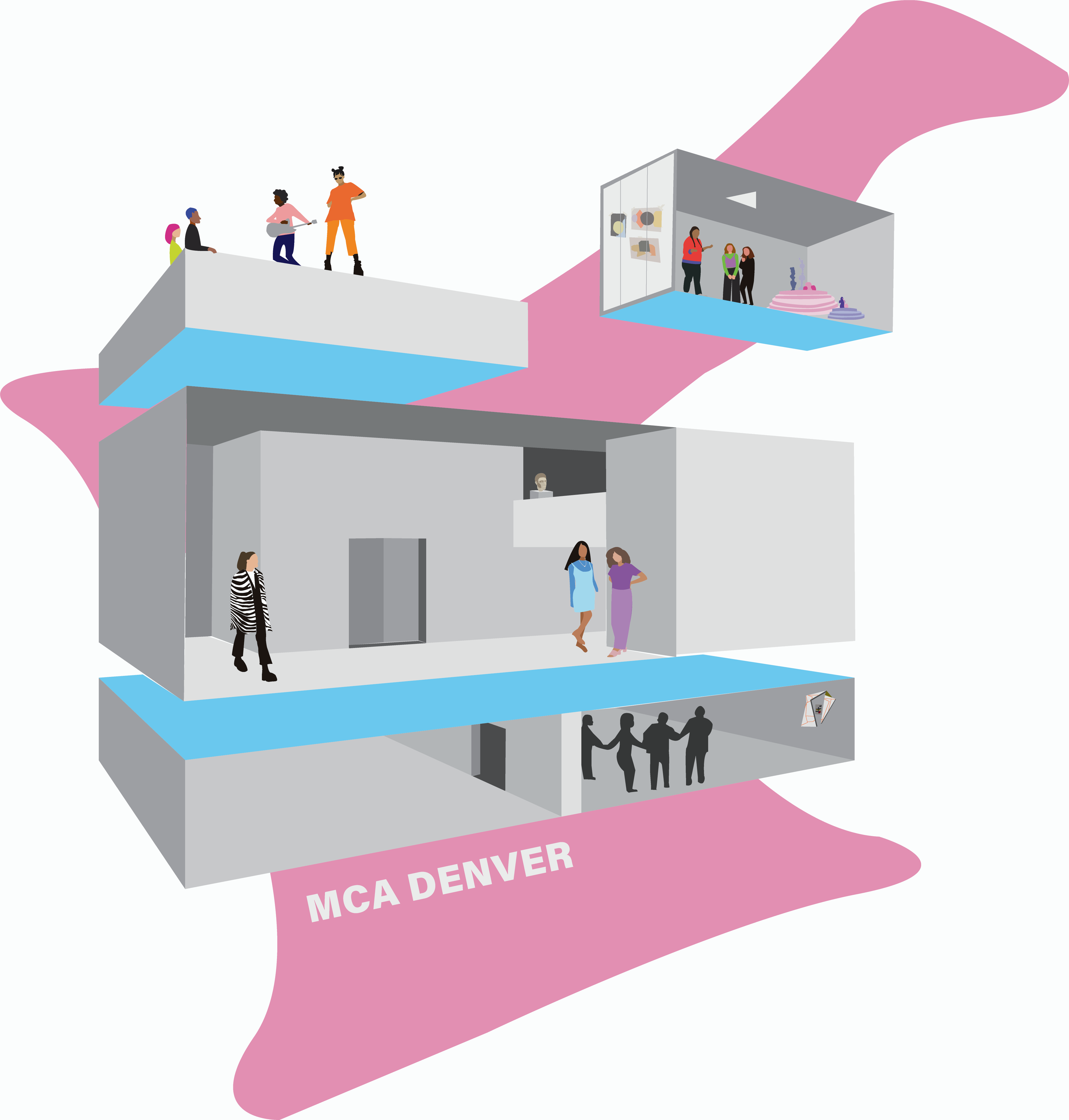 An abstraction of the MCA building, filled with the people who make MCA special. The collage-like style mimics the explorative energy of MCA. Behind the abstraction of the building is an abstract pink shape. 