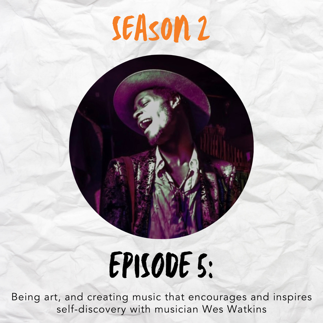 Podcast graphic with the words "How Art is Born" in black handwritten font on a crumpled piece of white paper. In the center of the image is a portrait of musician Wes Watkins wearing a wide brim hat, smiling, and looking over his right shoulder.