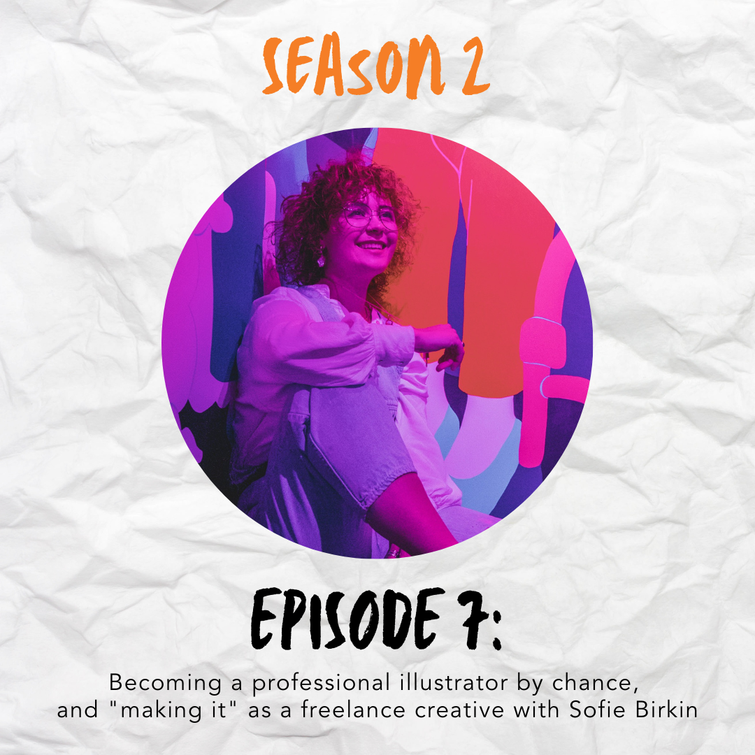 Podcast graphic with the words "How Art is Born" in black handwritten font on a crumpled piece of white paper. In the center of the image is a portrait of Sofie Birkin in a pinkish purple hue sitting with her back against a mural she painted. 