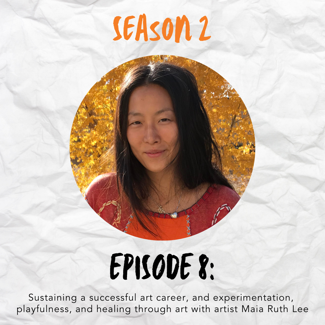 Podcast graphic with the words "Season 2" in orange handwritten font on a crumpled piece of white paper. In the center of the image is a photo of podcast guest Maia Ruth Lee wearing an orange hooded sweatshirt with yellowish orange aspen leaves in the background.