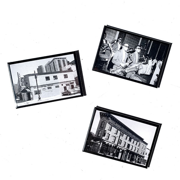 [Image description: Three magnets with black and white photos of historic Denver.]
