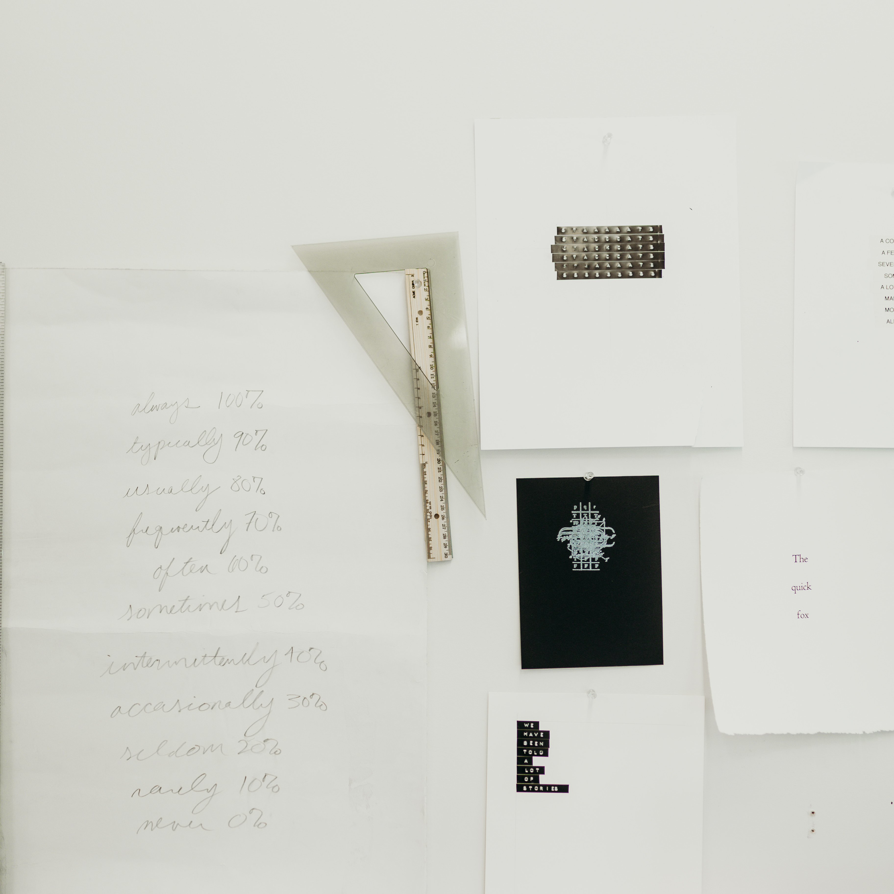 Printouts of paper and art drafts hand on a white wall alongside a rule. 