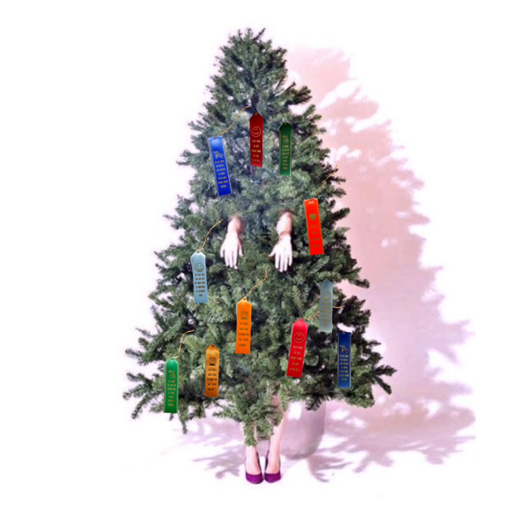 A Christmas tree on a white background, that’s casting a purple shadow behind it. The tree has legs coming out of the bottom with heels on the feet, and arms coming out of the middle of the tree. It’s decorated with red, green, blue, and orange ribbons. 