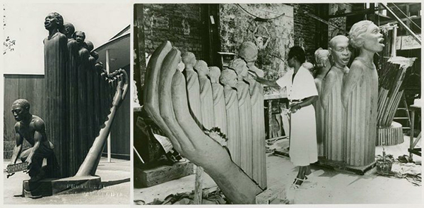black and white photo of artist sculpting on The Harp