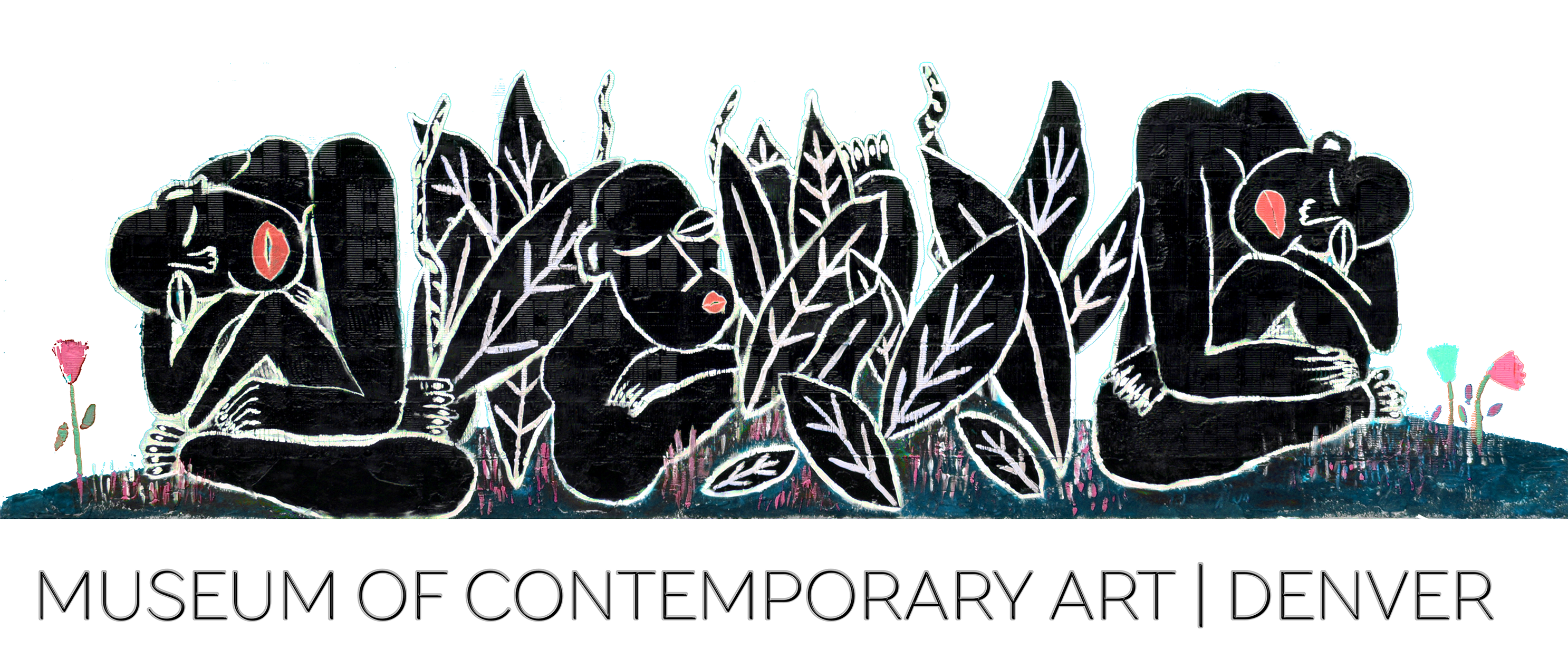 A serene, outdoor landscape with three black, humanlike figures sitting and folding their limbs around themselves, while laying their heads on their knees. The text “Museum of Contemporary Art Denver” is underneath the design. 