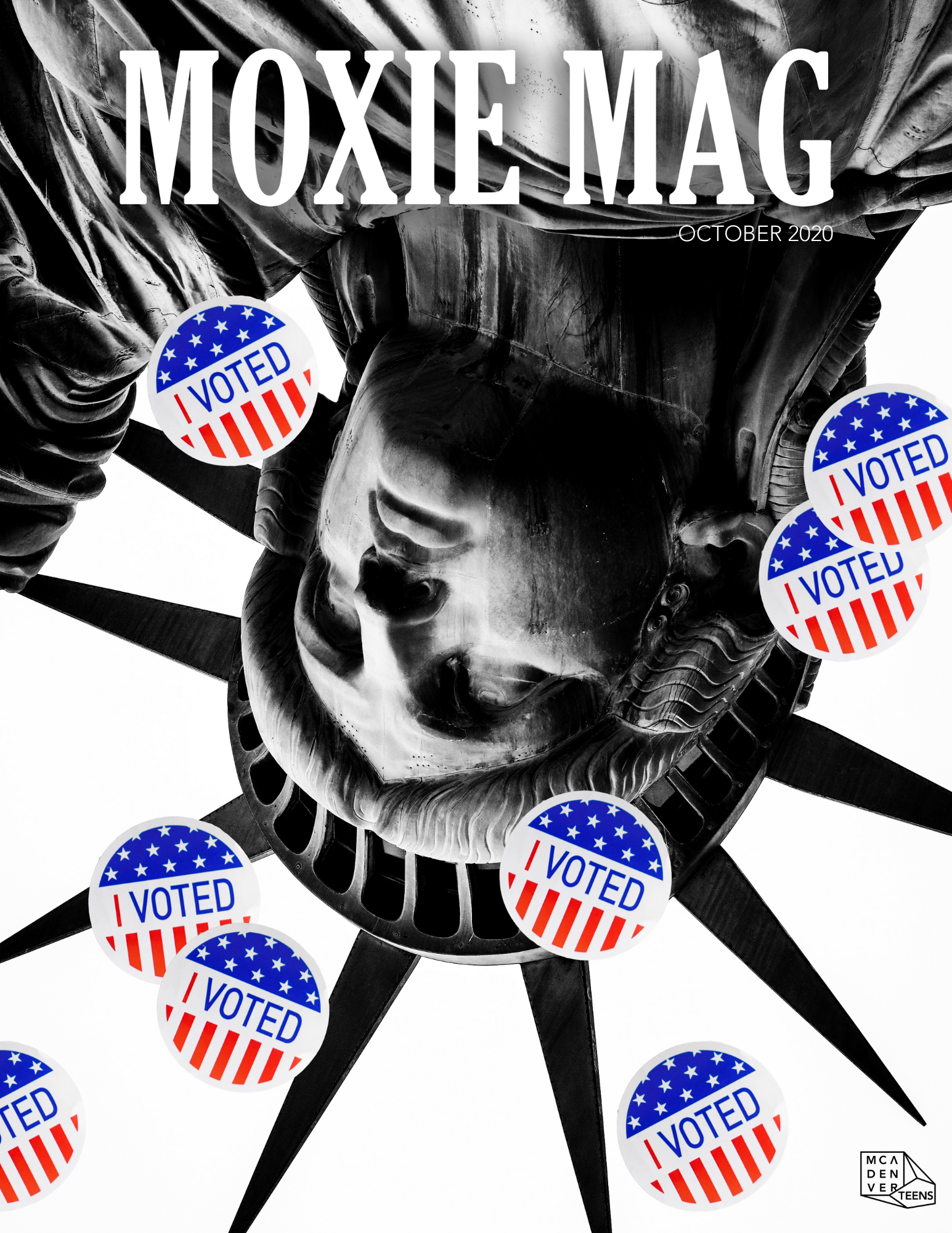 A black and white image of the head of the Statue of Liberty upside down. There are “I Voted” stickers surrounding it. The words “Moxie Mag” are printed in bold letters on the top of the image. 
