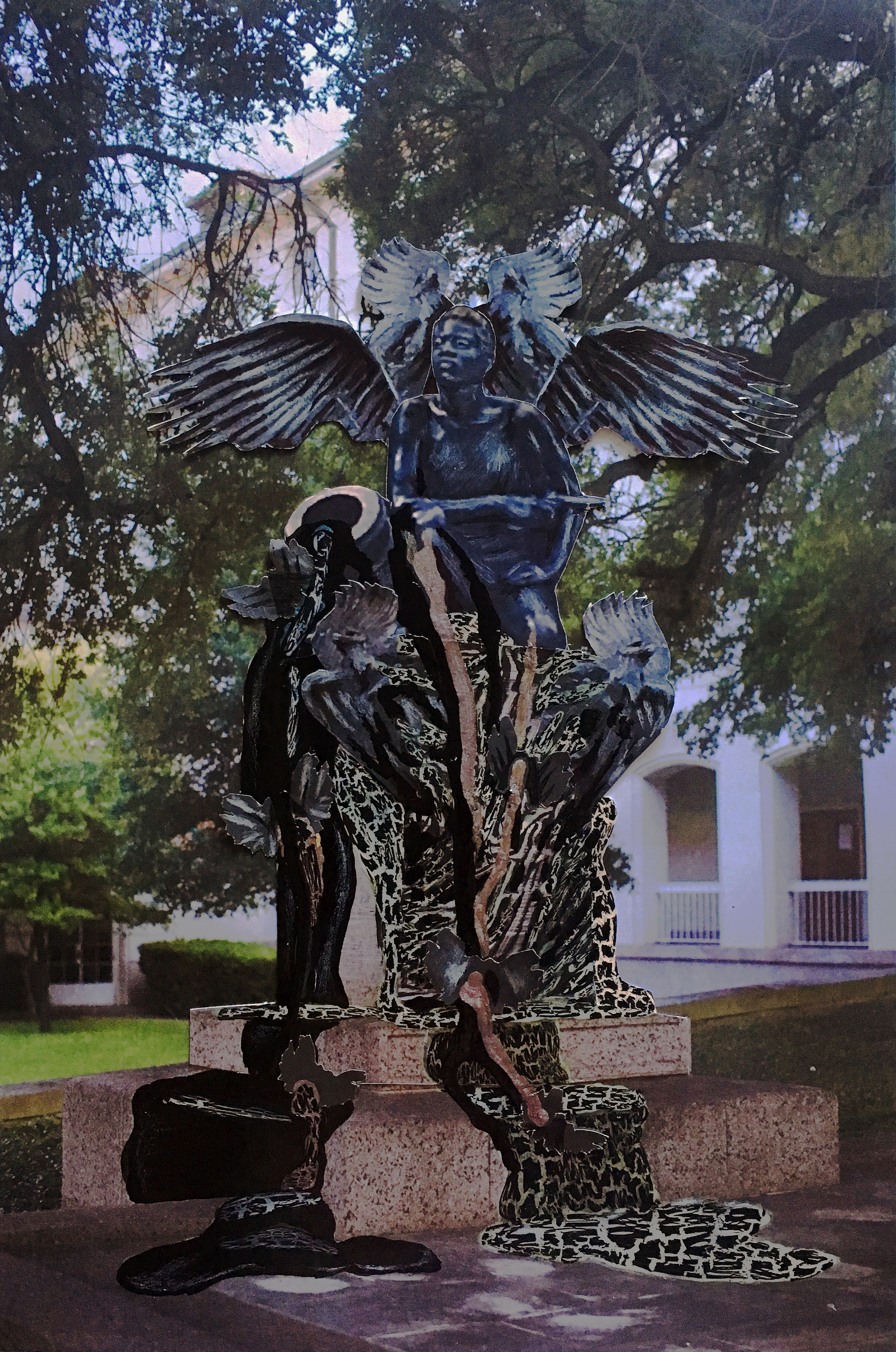 A paper collage on inkjet print. The image is of a large statue of a crouching African American Sailor with wings, emerging and arising from alchemical ooze. The figure looks confident and determined, yet calm. 