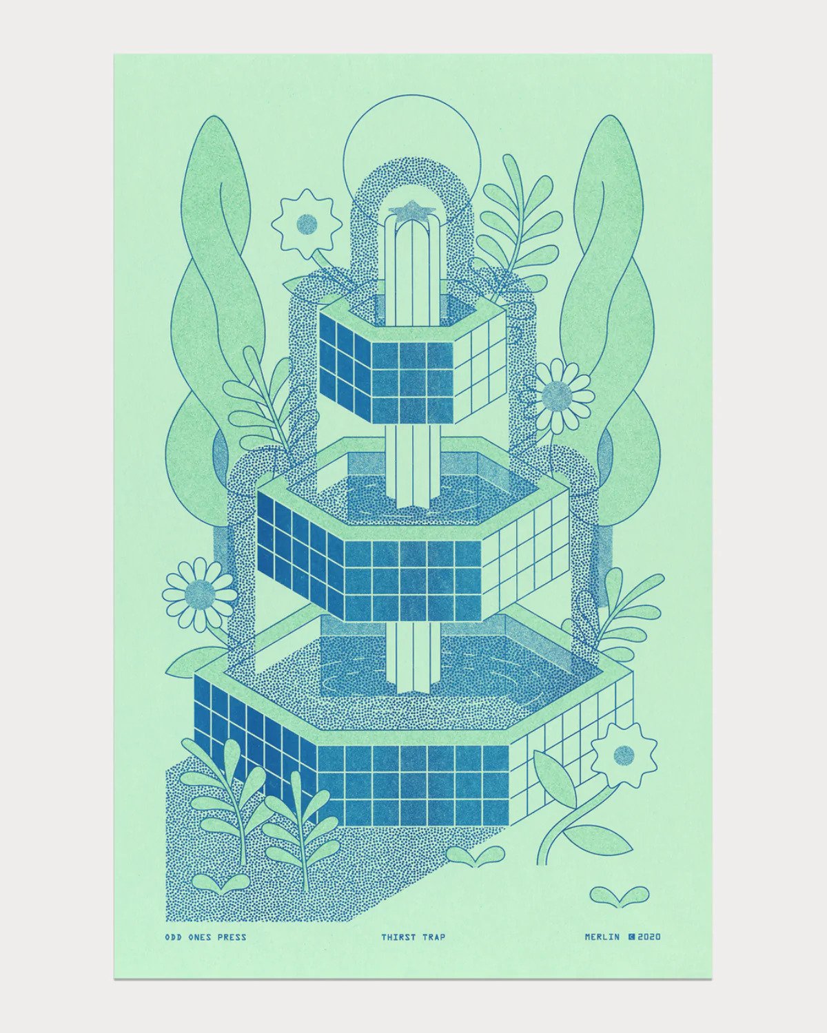 Teal risograph print showing what looks like a foundation with three levels, and shrubbery and flowers surrounding it.
