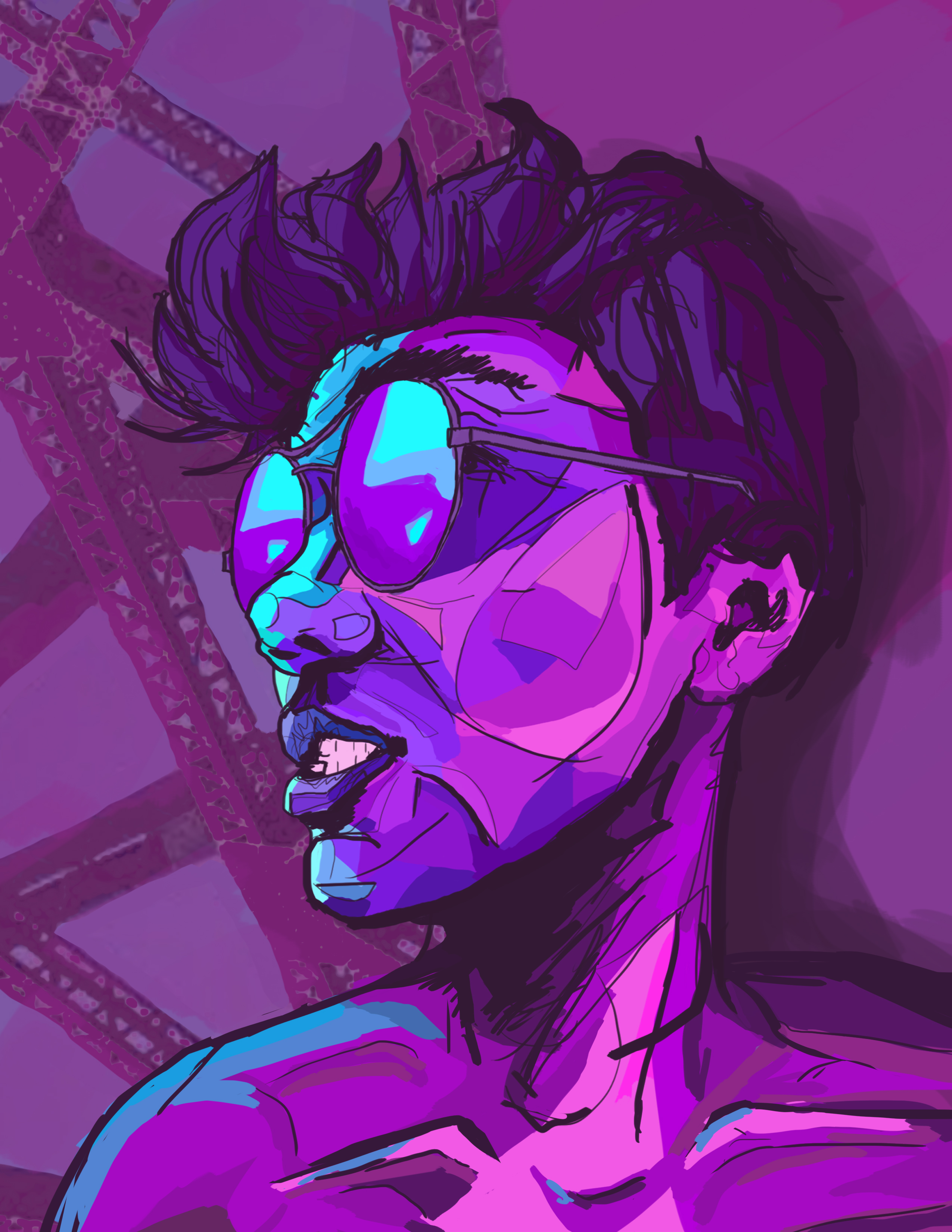An illustration of a man in pinks and purples wearing glasses. 