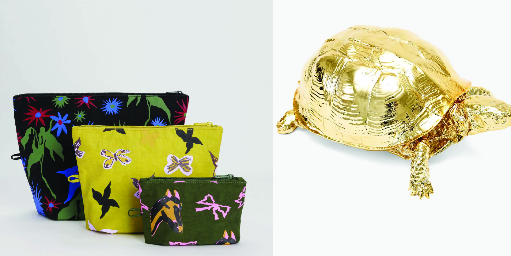 Two photos: one of a gold turtle box and one of a pouch set.