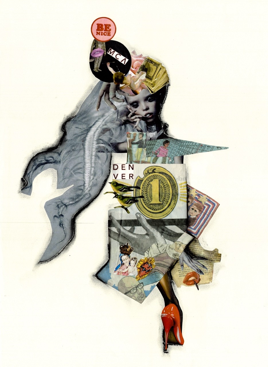 A collaged design used to represent, as the artist notes, a female warrior of 2020. The design deconstructs architecture of the MCA building while using The Wall Street Journal as the main material.