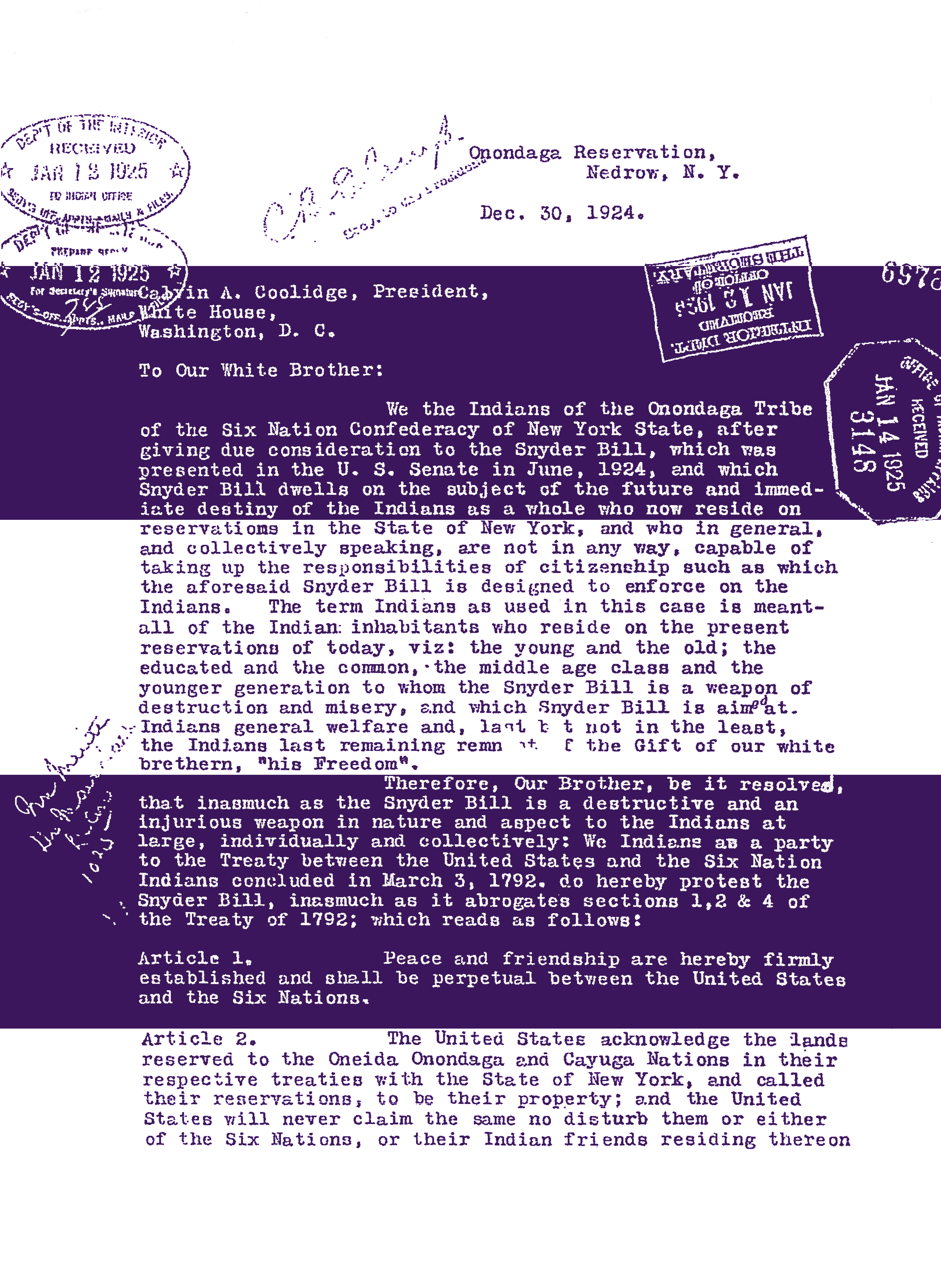 A white laser print on double-sided fleece blanket, that looks like a letter. It has two thick purple horizontal stripes on it. It is addressed to Calvin Coolidge. 