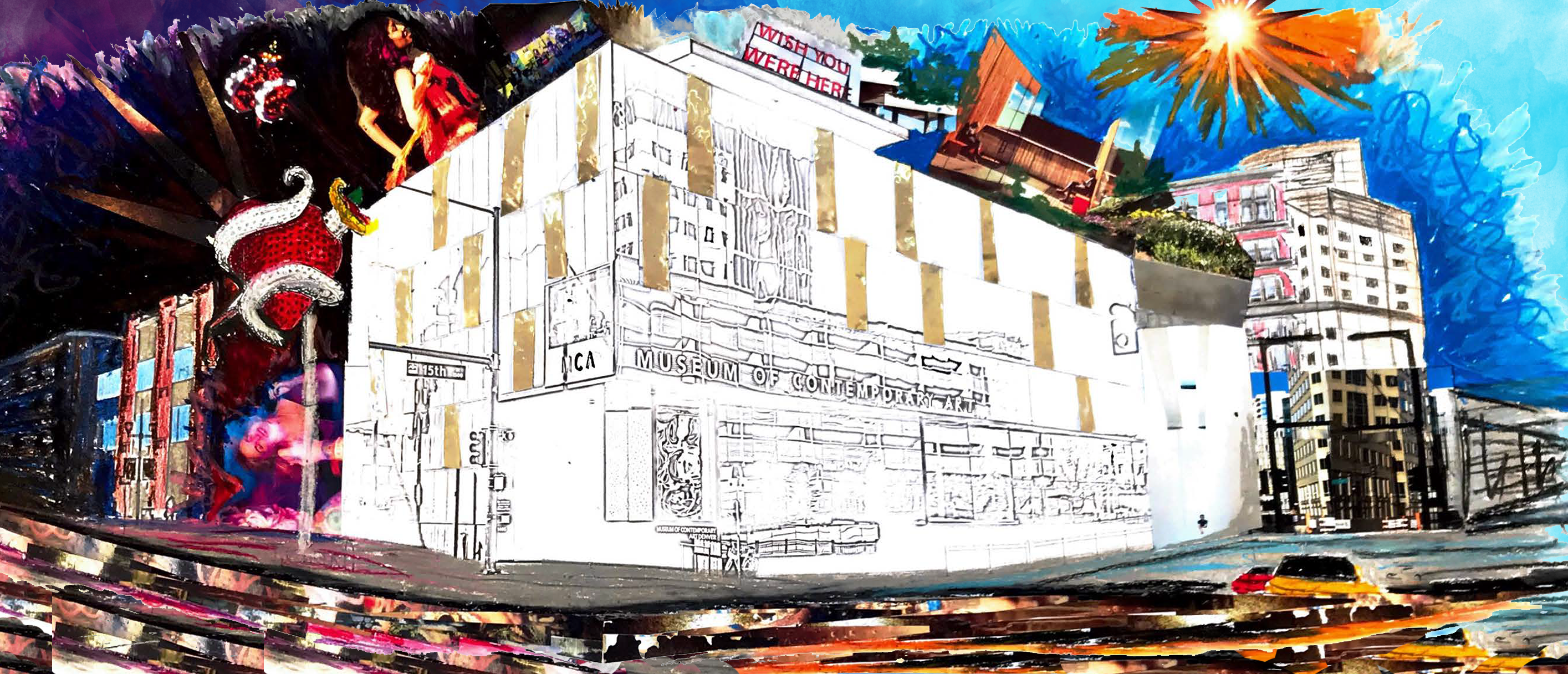 A rendering of the outside of the MCA Denver building, surrounded by an explosion of colors and shapes that represents a museum that changes over time, soaking in the world that surrounds it. 