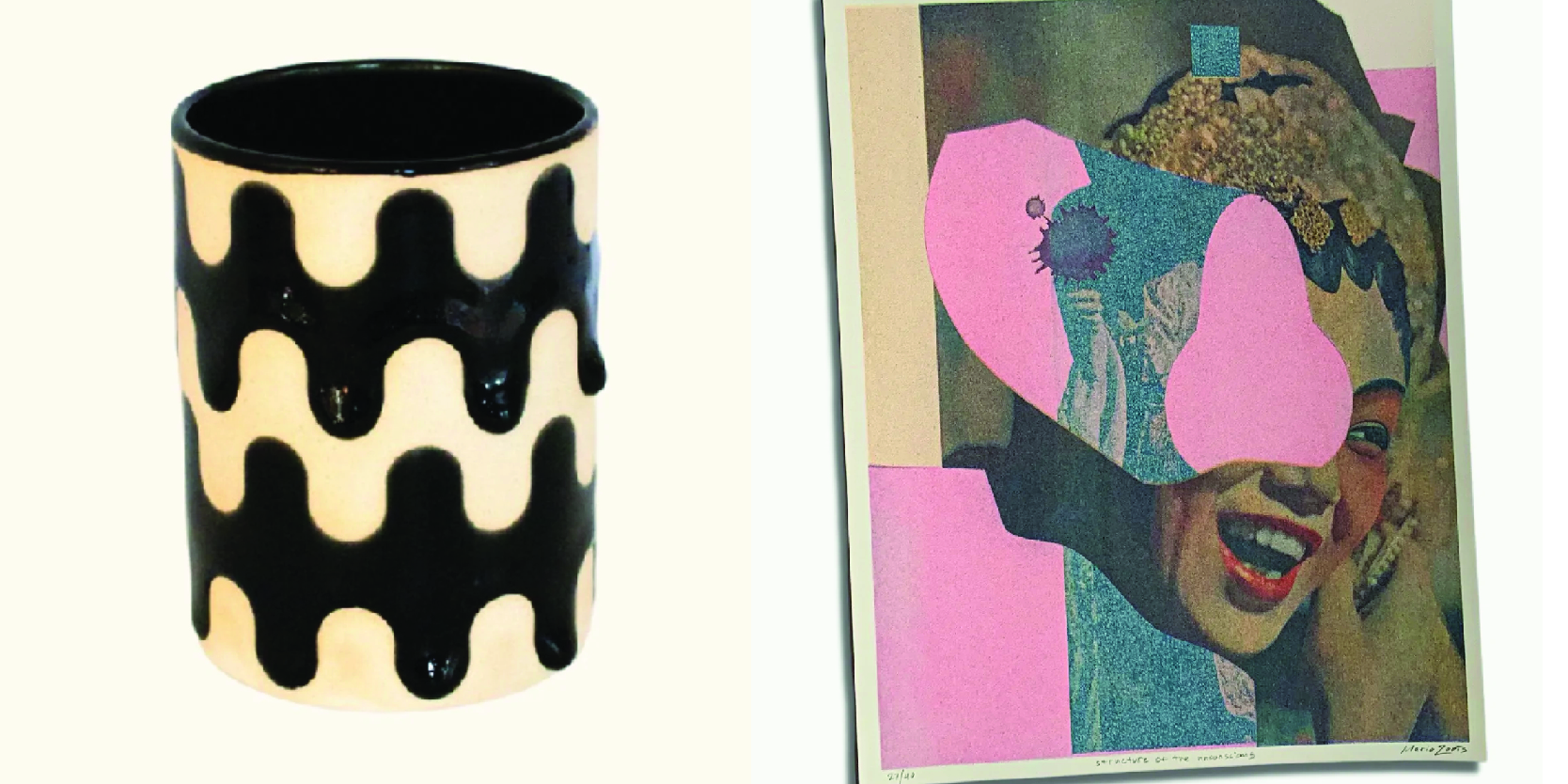 Two photos: one of a black and beige cup and one of a collage art print.