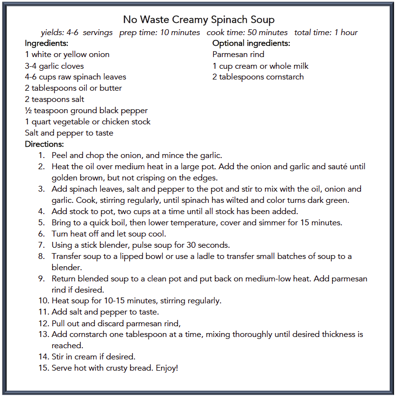 PDF ﻿recipe card for No Waste Creamy Spinach Soup